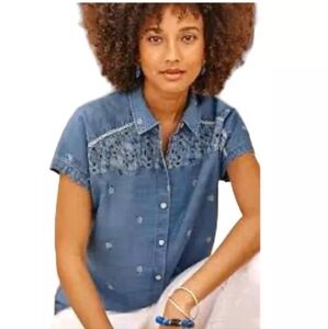J. Jill Chambray Denim Button Up Blouse Cap Sleeve Soft Floral Size Medium